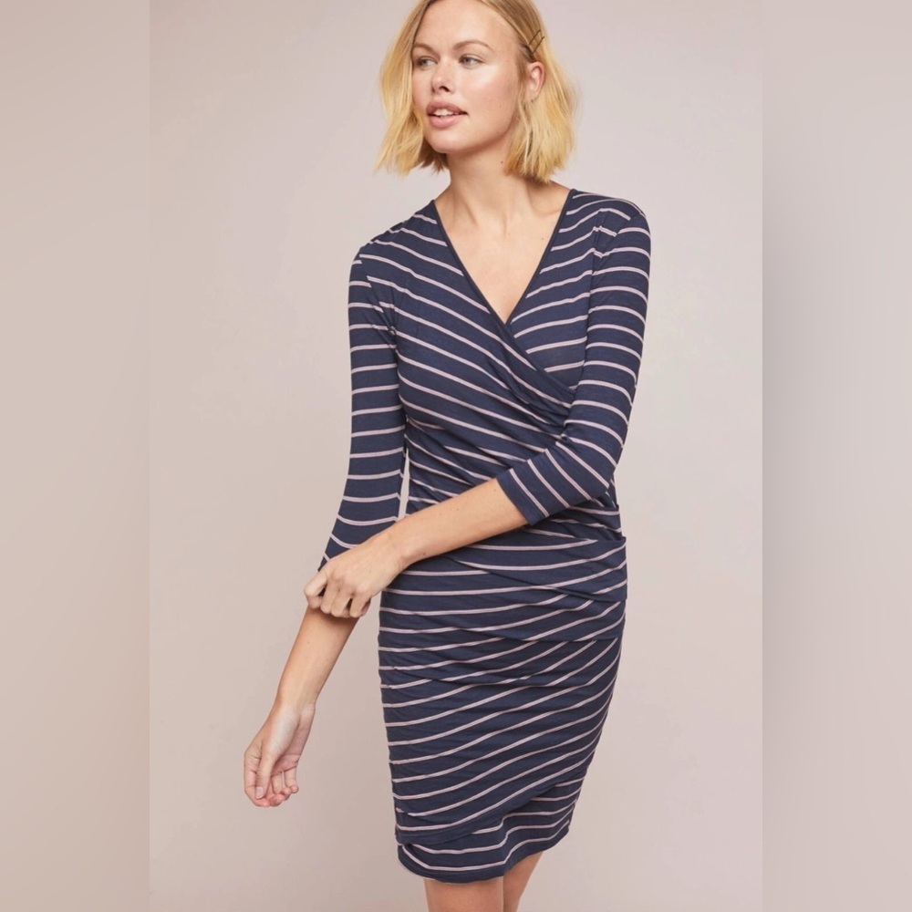 NEW Anthropologie Sundry Fabian Faux Wrap‎ Striped Shirt Dress Women’s 1/S Navy